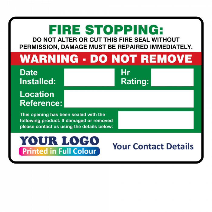 Photo showing fire stopping labels available at PAT Labels Online.