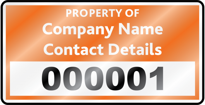 Heavy duty asset label in orange with sequential number,