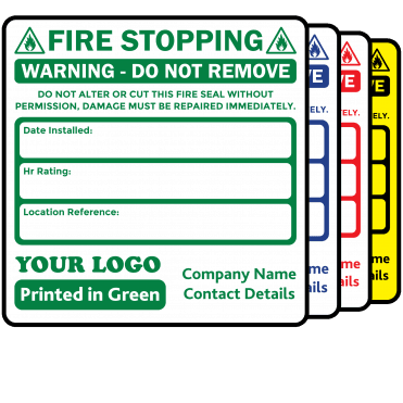 Budget Personalised Fire Stopping Labels - Design 1. 72mm x 73mm.