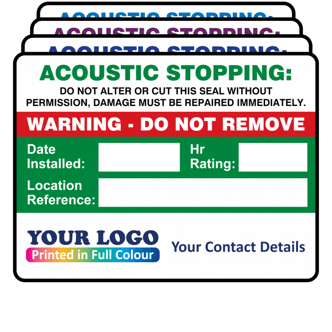 Extra Large Personalised Acoustic Stopping Installation Labels in Full Colour - Design 1. Choice of Colours. 100mm x 75mm