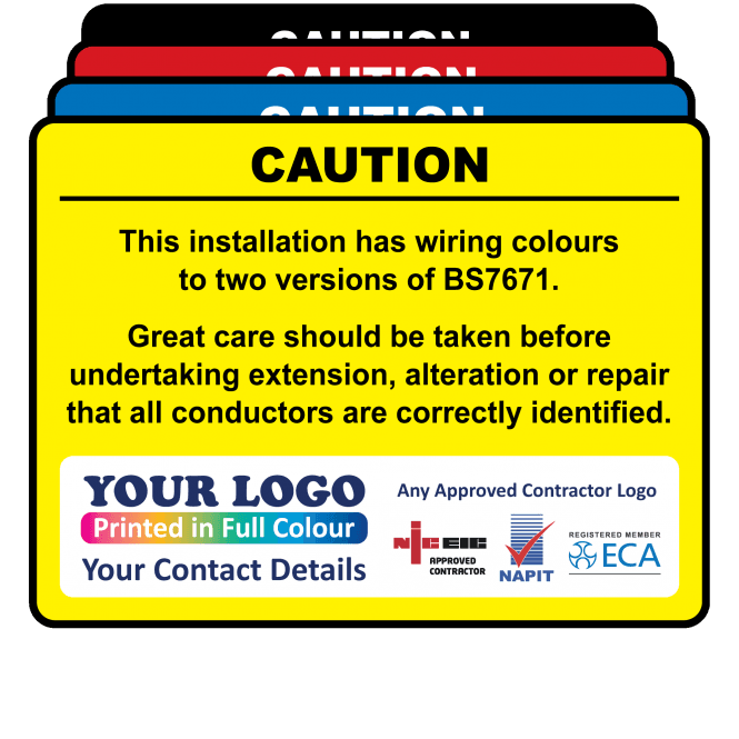 Extra Large Personalised Caution Cable Colour Harmonisation Labels in Full Colour - Design 1. 100mm x 75mm