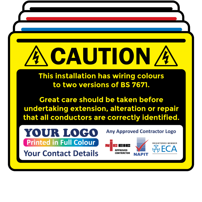 Extra Large Personalised Caution Cable Colour Harmonisation Labels in Full Colour - Design 3. 100mm x 75mm
