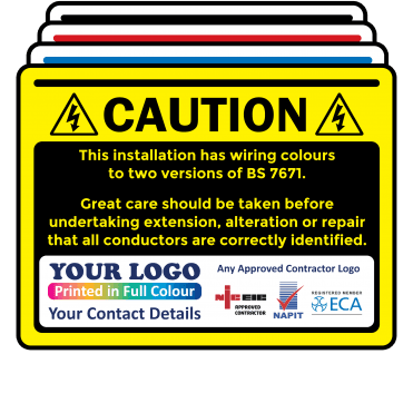 Extra Large Personalised Caution Cable Colour Harmonisation Labels in Full Colour - Design 3. 100mm x 75mm