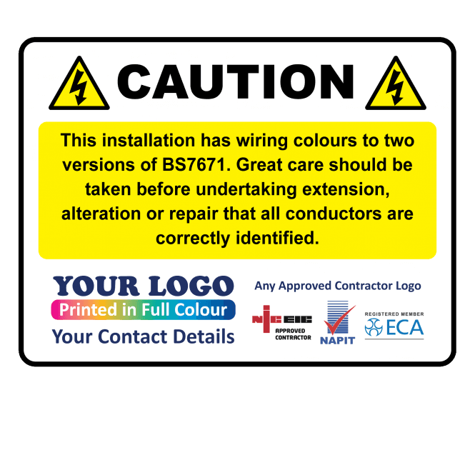 Extra Large Personalised Caution Cable Colour Harmonisation Labels in Full Colour - Design 4. 100mm x 75mm