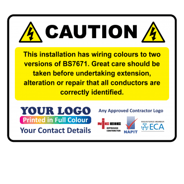 Extra Large Personalised Caution Cable Colour Harmonisation Labels in Full Colour - Design 4. 100mm x 75mm