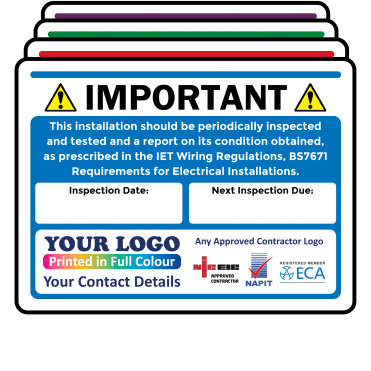 Extra Large Personalised Periodic Inspection (EICR) Labels in Full Colour - Design 3. 100mm x 75mm
