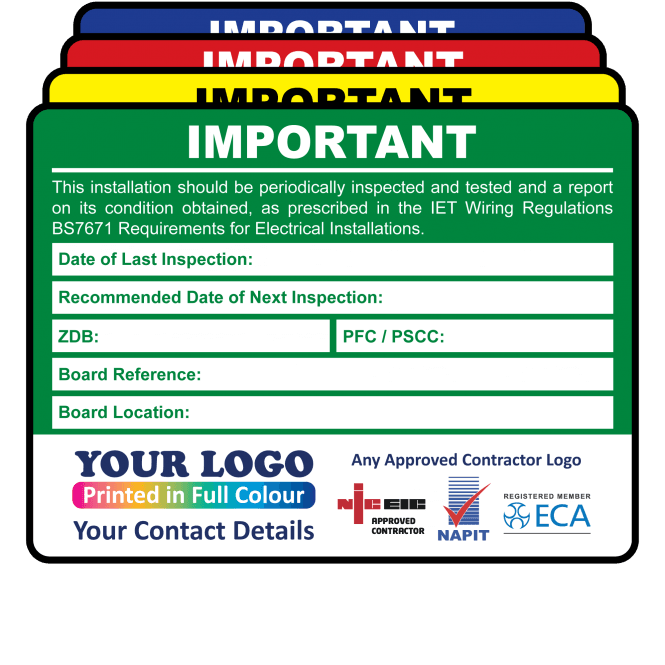 Extra Large Personalised Periodic Inspection (EICR) Labels in Full Colour - Design 4. 100mm x 75mm