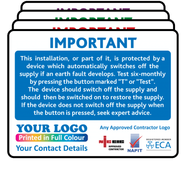 Extra Large Personalised RCD Test Labels in Full Colour - Design 2. 100mm x 75mm