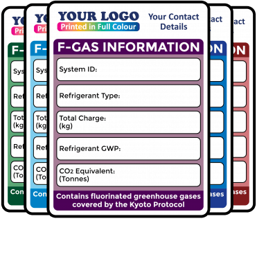 Full Colour Medium F-Gas Information Labels – Design 1. Choice of Colours. 100mm x 75mm