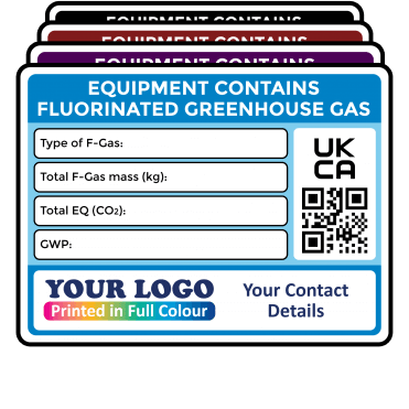 Full Colour Medium F-Gas Information Labels – Design 2. Choice of Colours. 100mm x 75mm