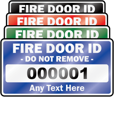 Heavy Duty Standard Size Fire Door ID Labels - Design 1. Choice of colours