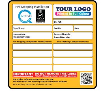 Personalised BM Trada Fire Stopping Installation Labels with UKAS Certification Details - Design 2