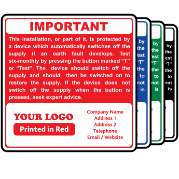 Personalised RCD Test Labels - Design 2. Choice of Colours. 72mm x 73mm