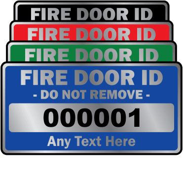 Silver Standard Size Fire Door ID Labels - Design 1. Choice of colours