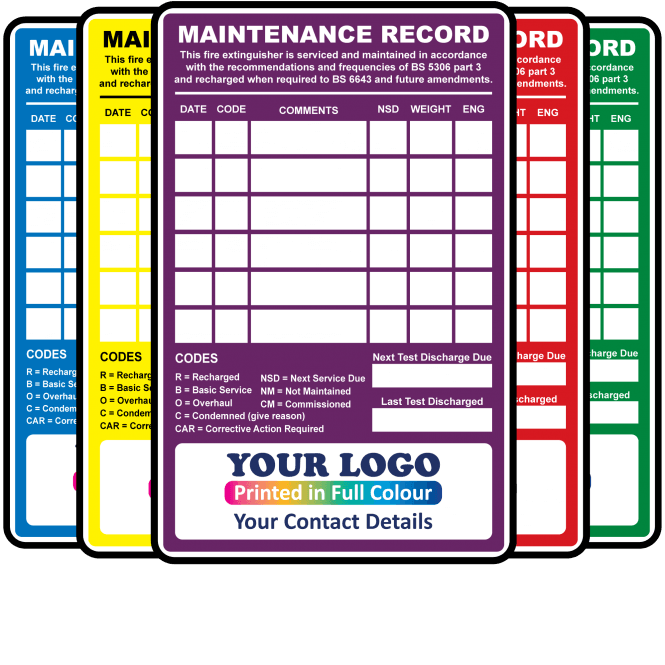 Super Stick Max Fire Extinguisher Maintenance Labels - Design 1. Choice of Colours. 155mm x 100mm