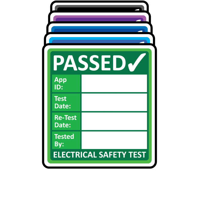 Super Stick PAT Test Labels - Sticks to almost anything! Design 1. Choice of colours